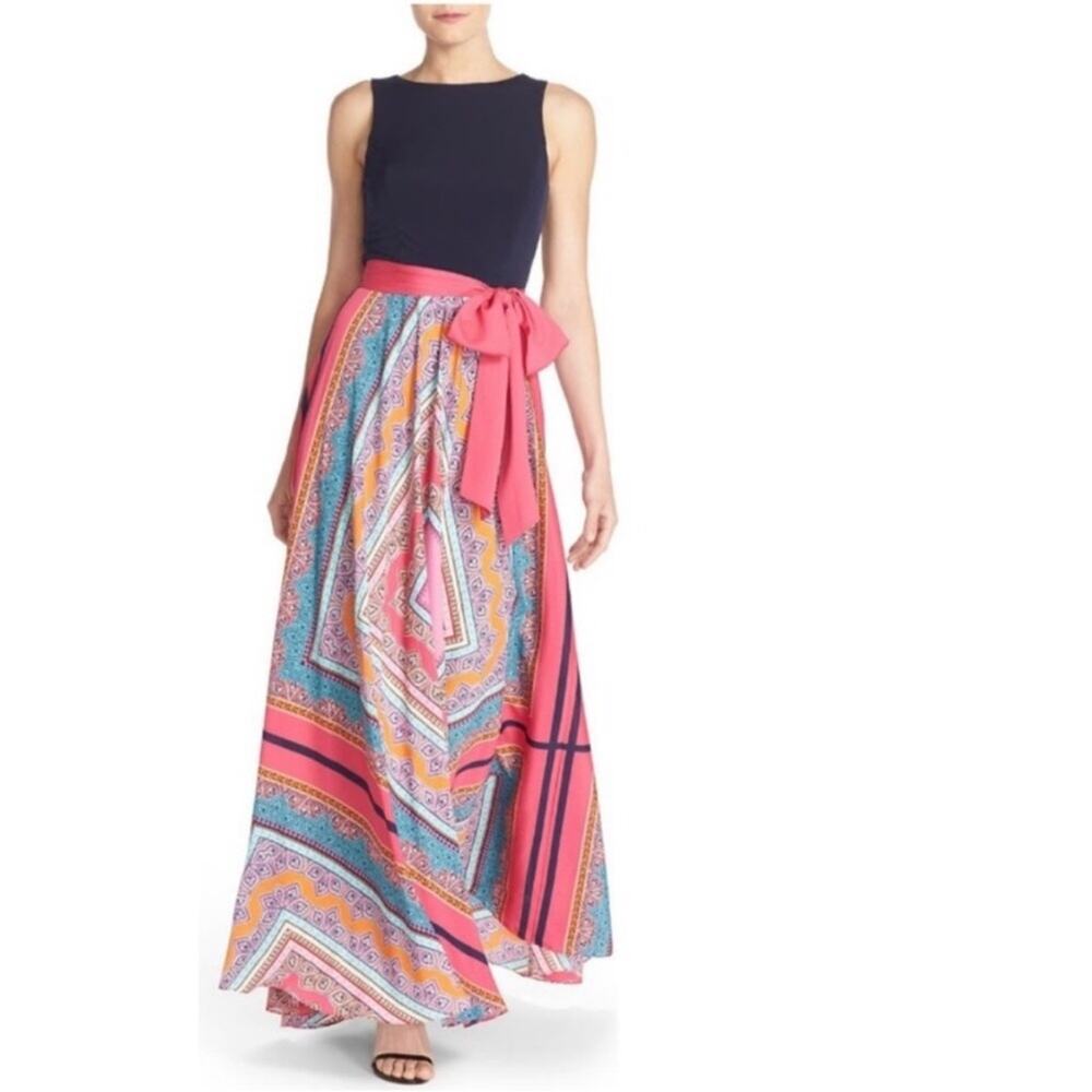 Eliza J navy pink orange scarf print sleeveless maxi dress size 8